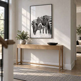 Zebra Wall Art, framed on the wall of a crisp entrance hall