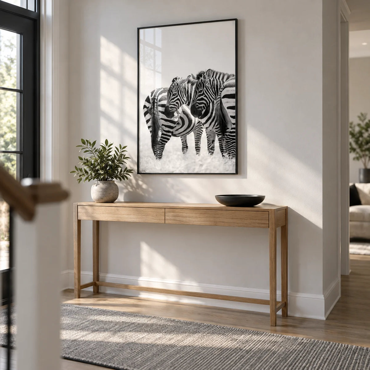 Zebra Wall Art, framed on the wall of a crisp entrance hall
