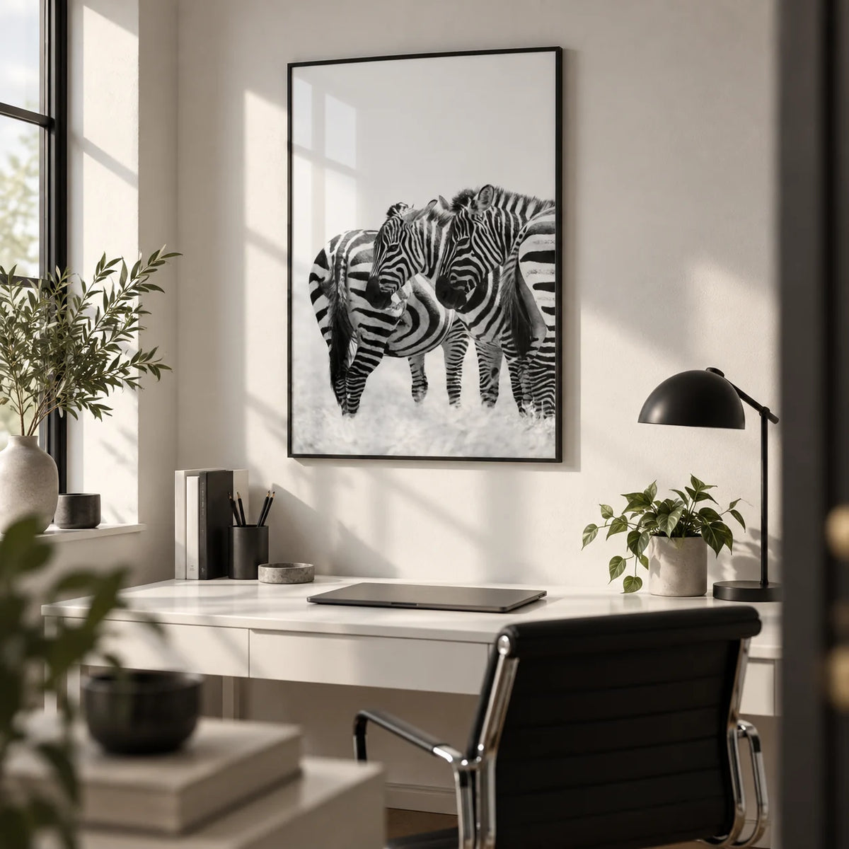 Zebra Wall Art, framed on the wall of a minimal home office