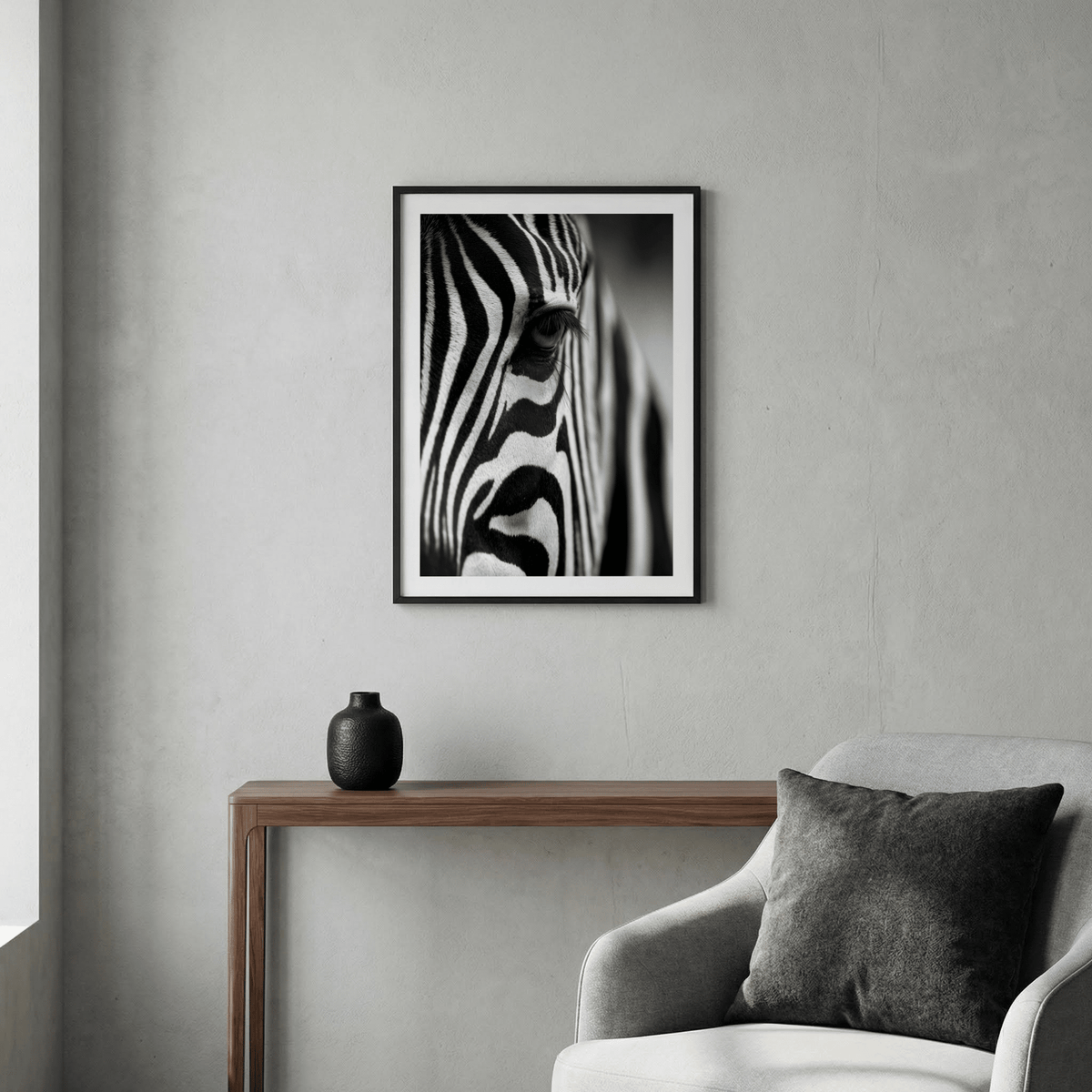 Monochrome animal print with focused zebra eye and soft background blur