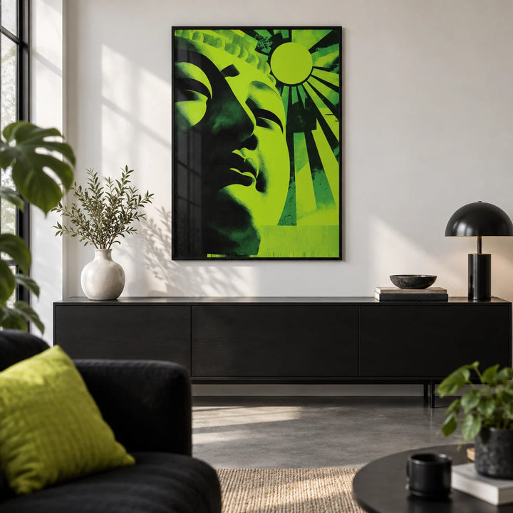 Zen Face Wall Art, framed on the wall of a design-led city-flat living room with a white wall and a polished concrete floor