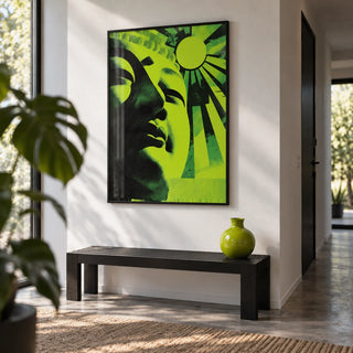 Zen Face Wall Art, framed on the wall of a modern hallway with a white wall and a concrete floor