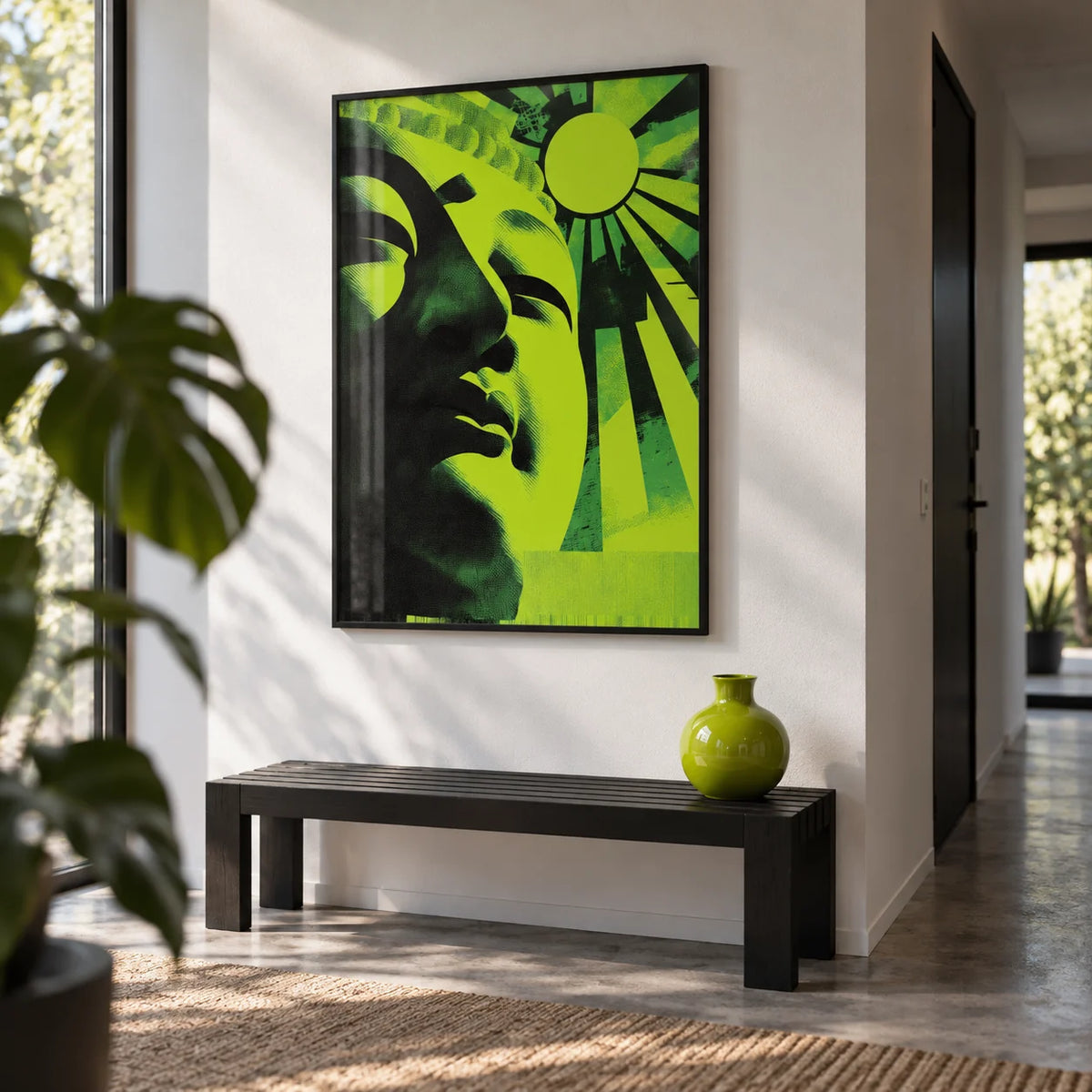 Zen Face Wall Art, framed on the wall of a modern hallway with a white wall and a concrete floor