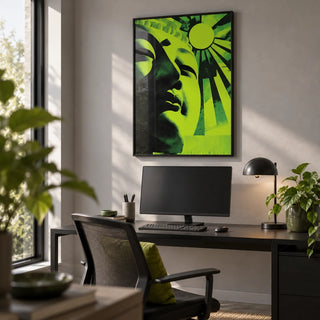 Zen Face Wall Art, framed on the wall of a modern home office with a light grey wall