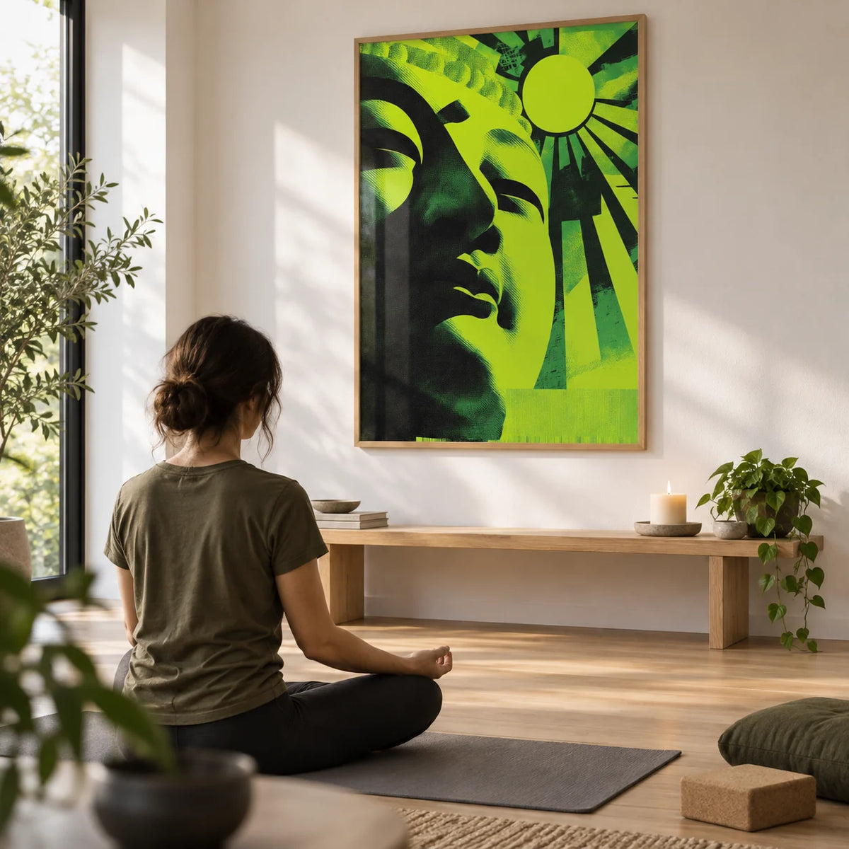Zen Face Wall Art, framed on the wall of a modern movement room with a white wall and a pale oak floor in a living room