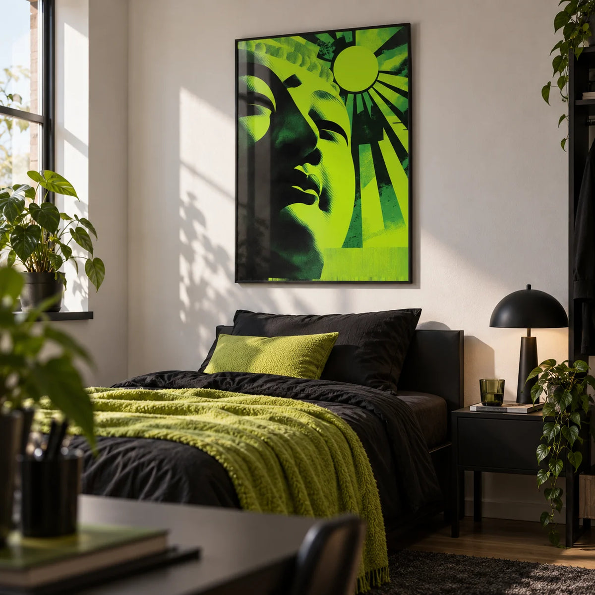 Zen Face Wall Art, framed on the wall of a young adult's bedroom (18-25) with a white wall