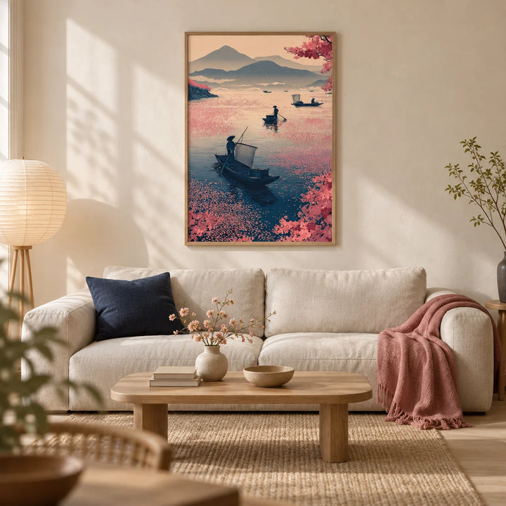 Zen Fishing Poster, framed on the wall of a calm Japandi living room in a UK flat with warm ivory plaster walls and a pale oak floor
