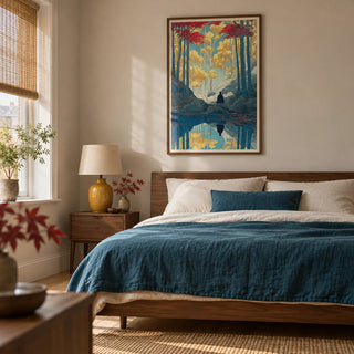 Zen Forest Art Print, framed on the wall of a calm Japanese-inspired bedroom in a UK terraced home with a pale warm grey wall