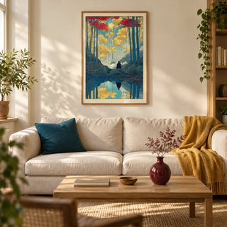 Zen Forest Art Print, framed on the wall of a contemporary living room in a UK flat with warm cream plaster walls and oak floorboards