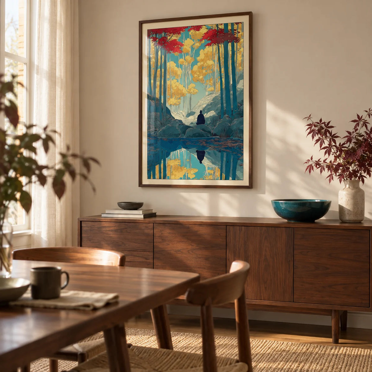 Zen Forest Art Print, framed on the wall of a modern dining room in a UK maisonette with a warm white wall and walnut furniture