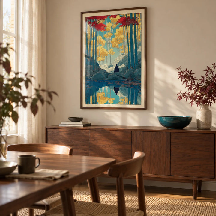 Zen Forest Art Print, framed on the wall of a modern dining room in a UK maisonette with a warm white wall and walnut furniture