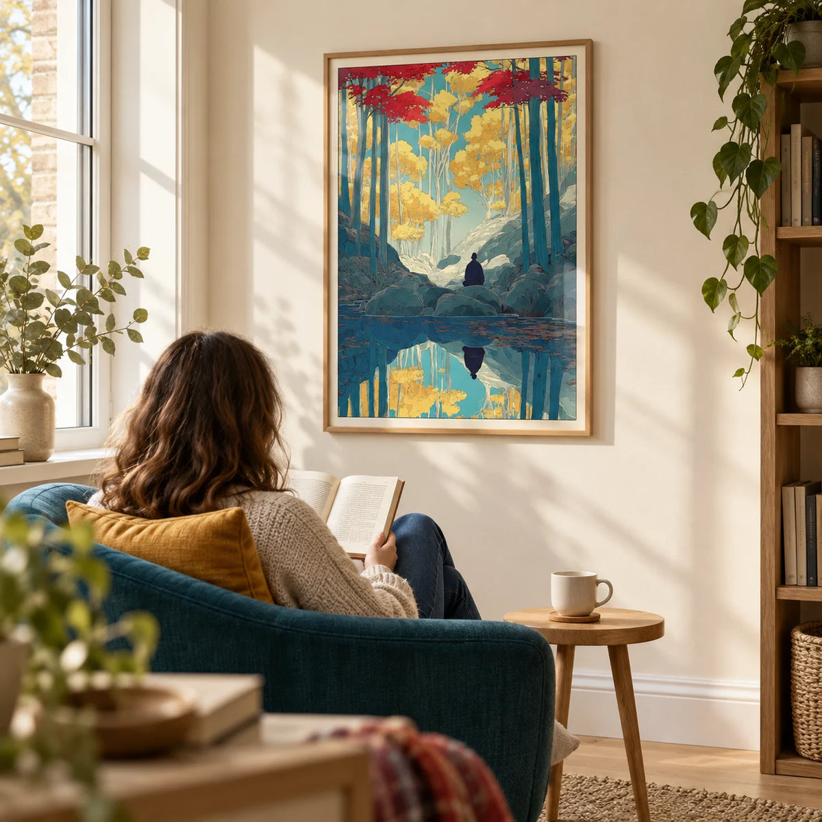 Zen Forest Art Print, framed on the wall of a quiet reading corner beside a tall window in a UK home with a cream wall and pale oak floor in a living room