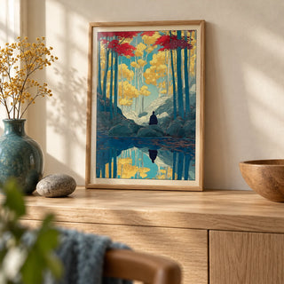 Zen Forest Art Print, a small A4 framed print leaning on a pale oak side table in a hallway