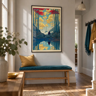 Zen Forest Art Print, framed on the wall of a welcoming hallway in a renovated UK terrace with pale grey plaster walls and oak floorboards