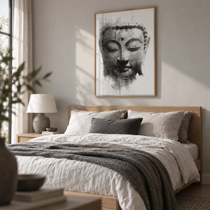 Zen Home Decor, framed on the wall of a calm bedroom with a pale grey wall