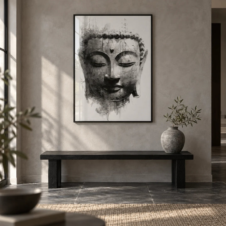 Zen Home Decor, framed on the wall of a calm hallway with a grey limewashed wall and a dark stone floor