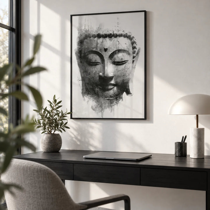 Zen Home Decor, framed on the wall of a calm home office with a white wall