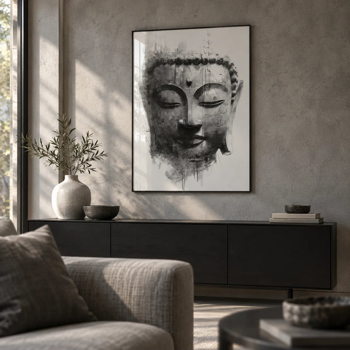 Zen Home Decor, framed on the wall of a calm modern living room with a concrete-effect wall