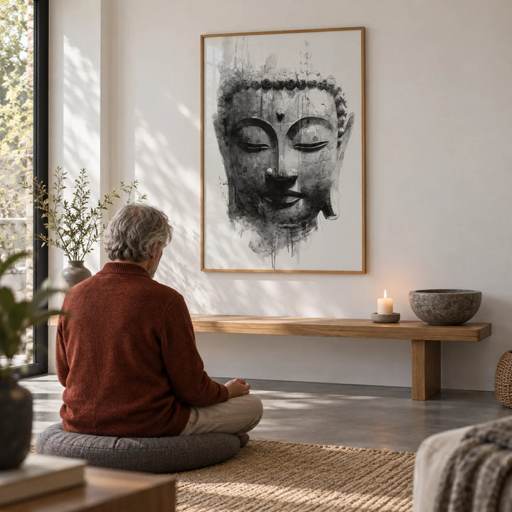 Zen Home Decor, framed on the wall of a quiet meditation room with a white wall in a living room