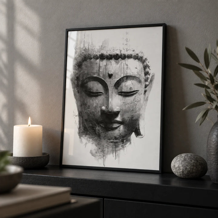 Zen Home Decor, a small A4 framed print leaning on a black shelf in a living room