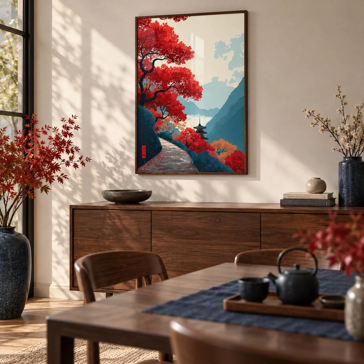 Zen Mountain Poster, framed on the wall of a calm dining room