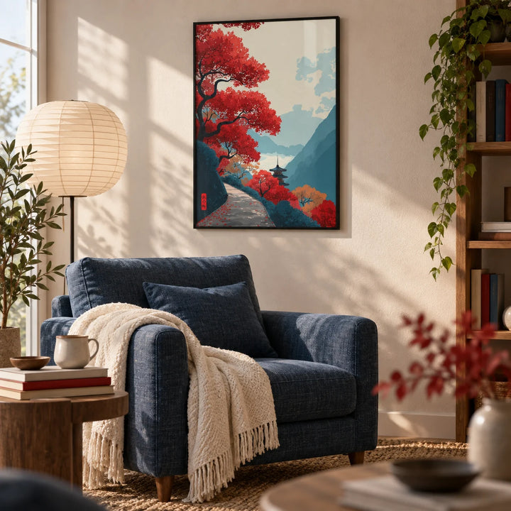 Zen Mountain Poster, framed on the wall of a calm reading corner in a living room