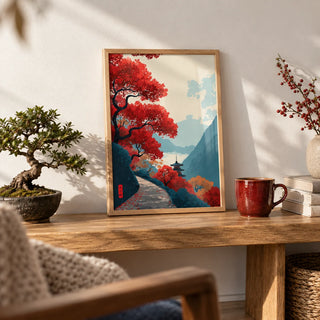 Zen Mountain Poster, a small A4 framed print leaning on a low oak bench in a living room