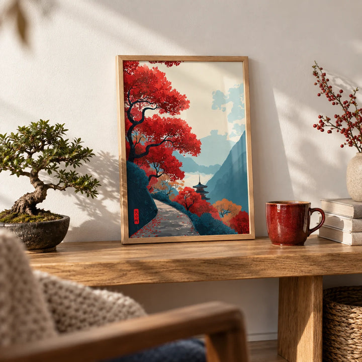 Zen Mountain Poster, a small A4 framed print leaning on a low oak bench in a living room