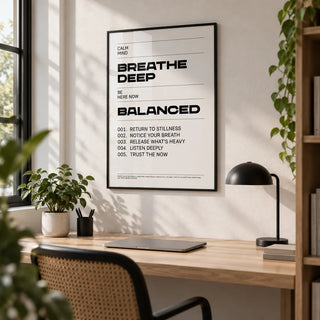 Zen Quotes Breath, framed on the wall of a calm home office with a white wall