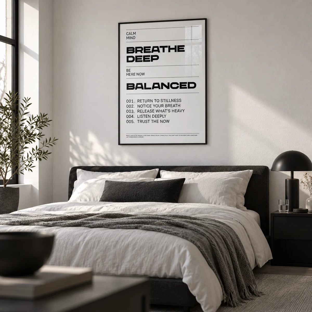 Zen Quotes Breath, framed on the wall of a calm monochrome bedroom with a white wall