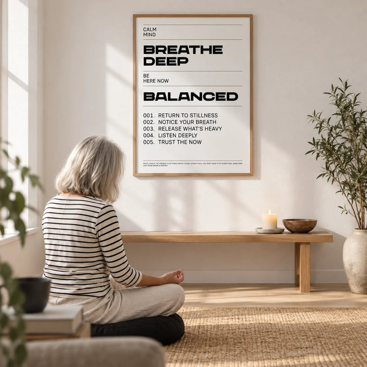 Zen Quotes Breath, framed on the wall of a quiet meditation room with a white wall and a pale oak floor in a living room