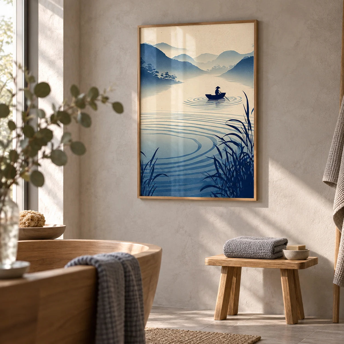 Zen River Art Print, framed on the wall of a calm spa-like bathroom with a microcement wall