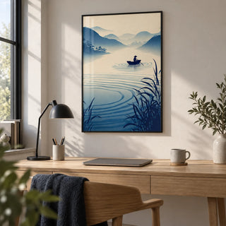 Zen River Art Print, framed on the wall of a minimal home office