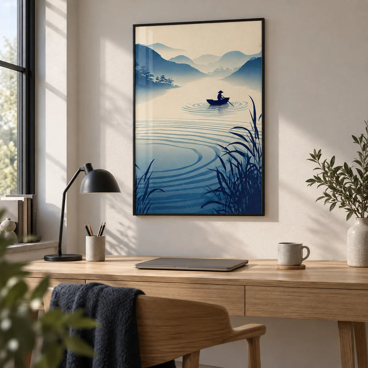 Zen River Art Print, framed on the wall of a minimal home office