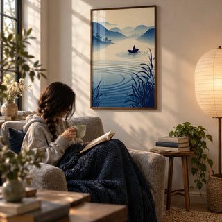 Zen River Art Print, framed on the wall of a quiet reading nook by a window in a living room