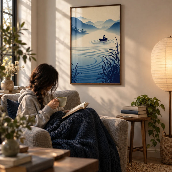 Zen River Art Print, framed on the wall of a quiet reading nook by a window in a living room