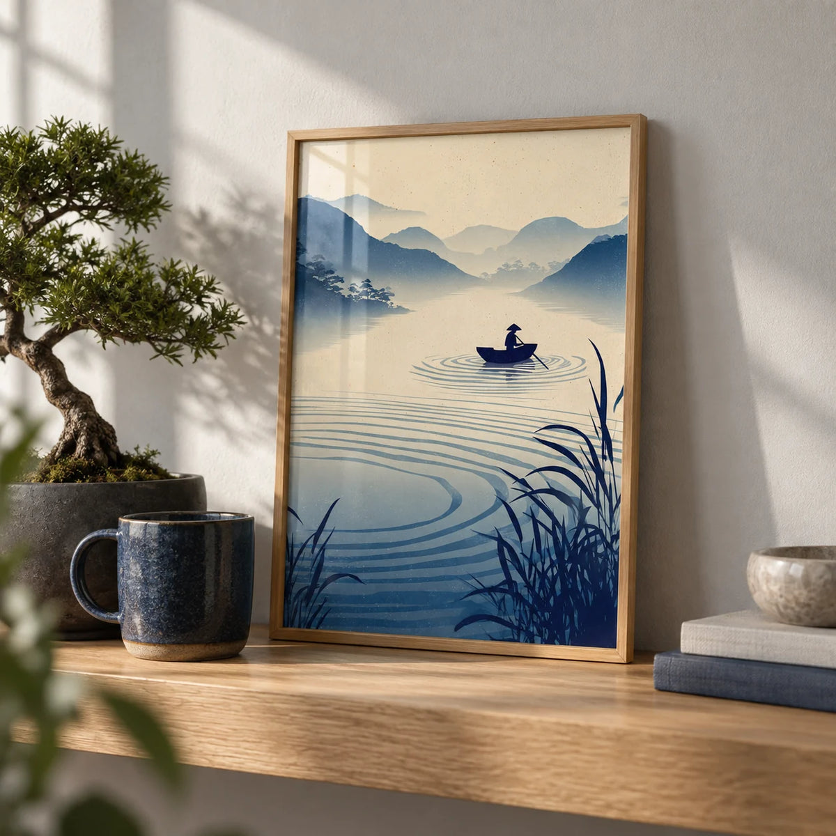 Zen River Art Print, a small A4 framed print leaning on an oak shelf in a living room