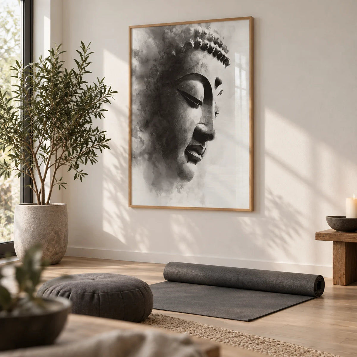 Zen Statue Face Art Print, framed on the wall of a calm home yoga room with a white wall and a pale oak floor