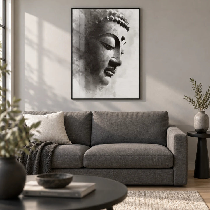 Zen Statue Face Art Print, framed on the wall of a calm modern living room with a soft grey wall and a pale oak floor