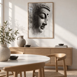 Zen Statue Face Art Print, framed on the wall of a calm Scandi dining room with a white wall