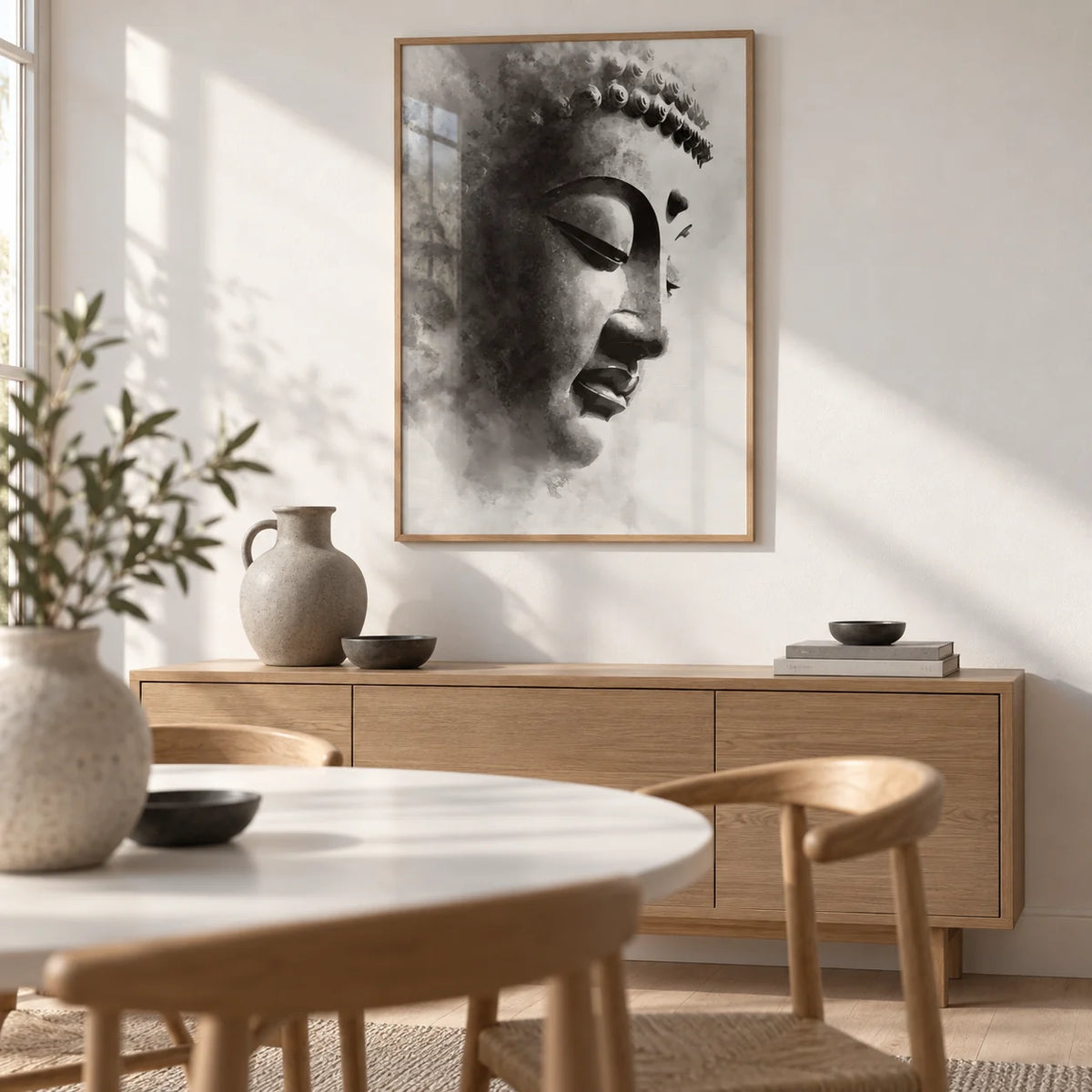 Zen Statue Face Art Print, framed on the wall of a calm Scandi dining room with a white wall