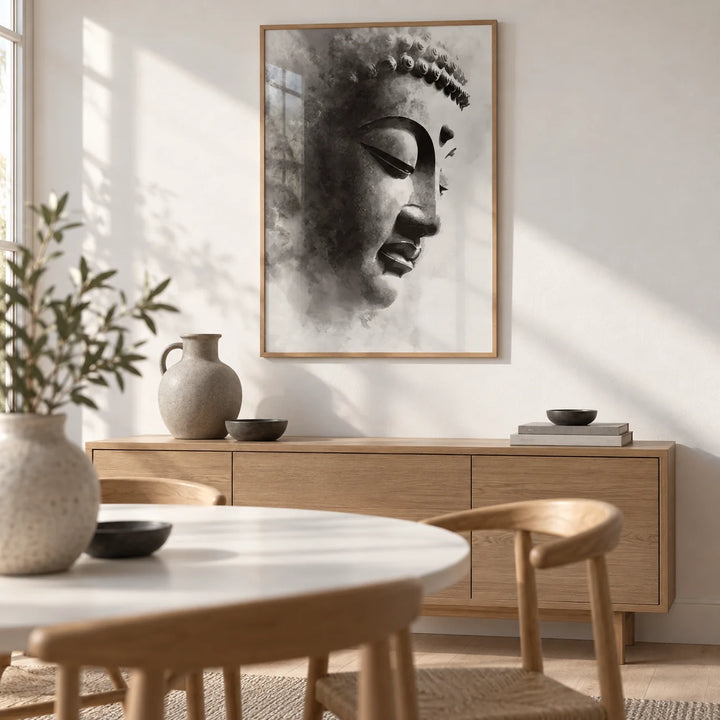 Zen Statue Face Art Print, framed on the wall of a calm Scandi dining room with a white wall