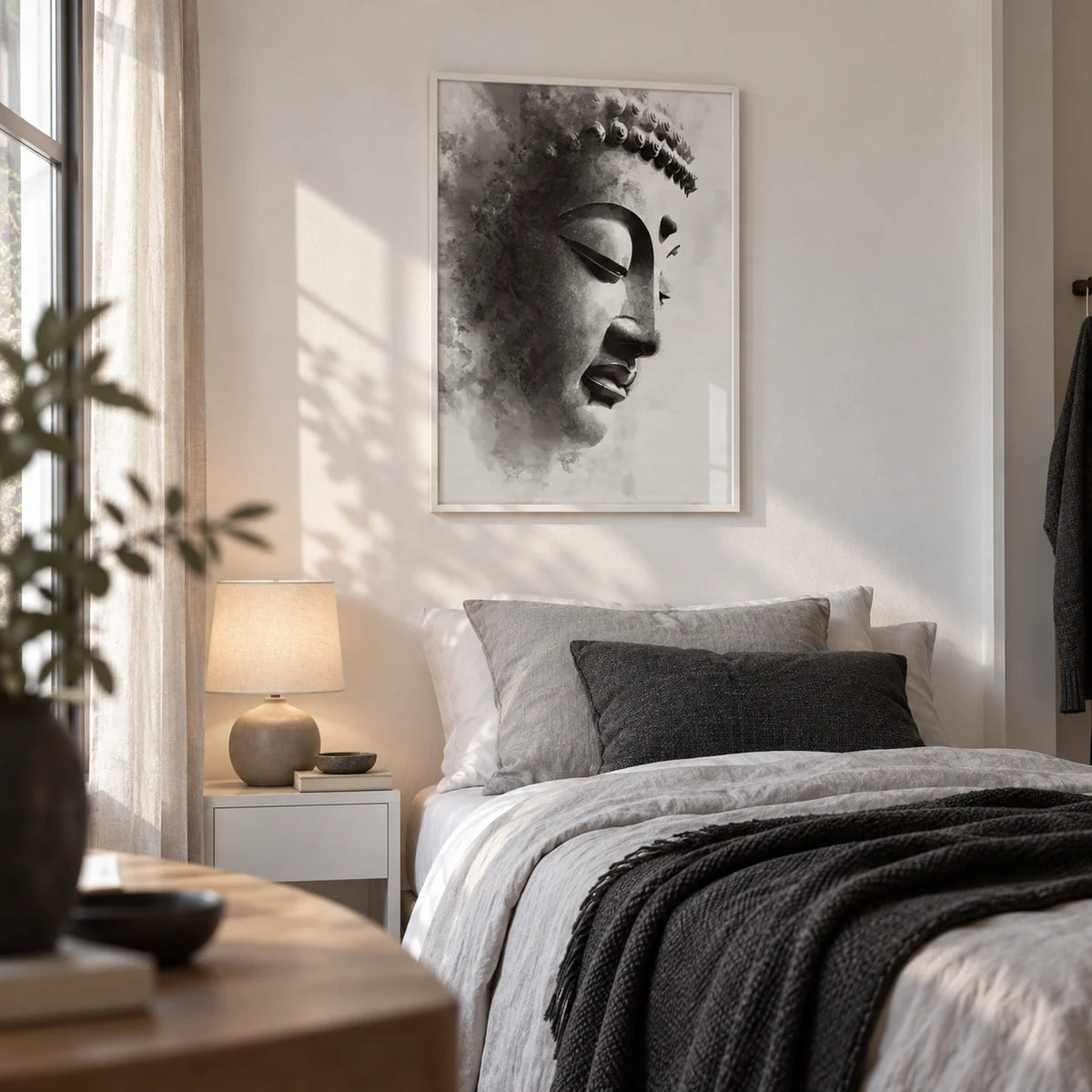 Zen Statue Face Art Print, framed on the wall of a calm young adult's bedroom (20-28) with a white wall