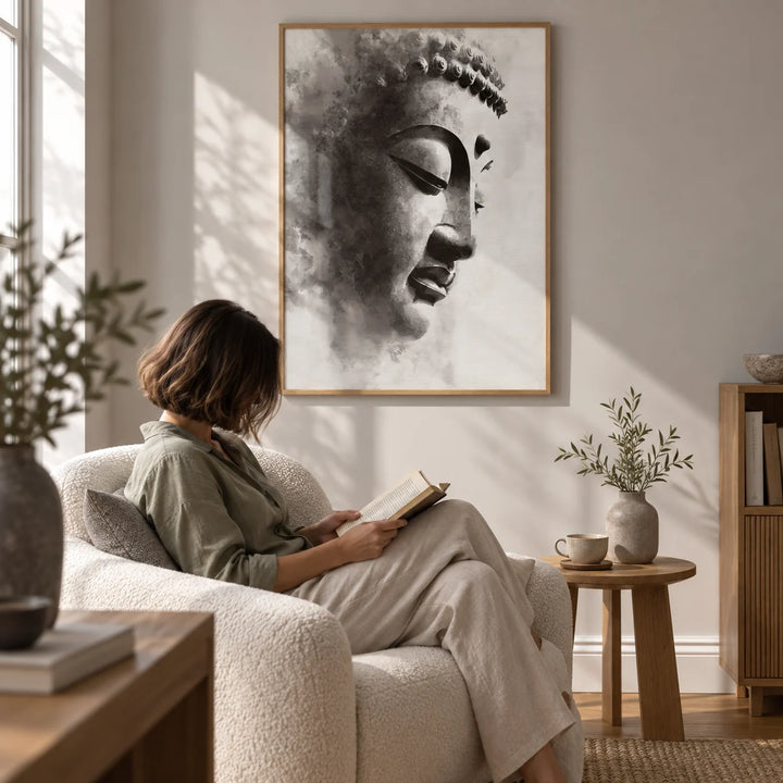 Zen Statue Face Art Print, framed on the wall of a quiet reading corner with a pale grey wall in a living room