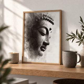 Zen Statue Face Art Print, a small A4 framed print leaning on an oak shelf in a living room