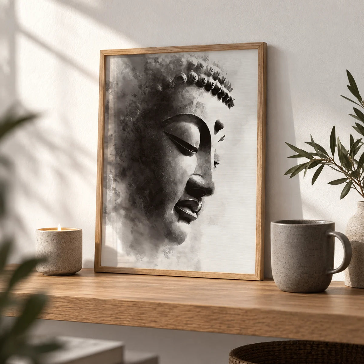 Zen Statue Face Art Print, a small A4 framed print leaning on an oak shelf in a living room