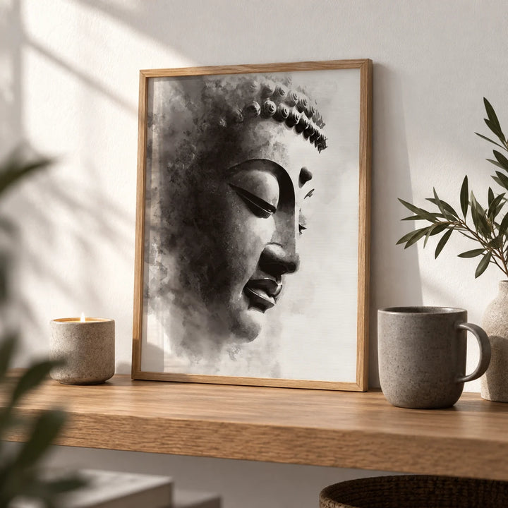 Zen Statue Face Art Print, a small A4 framed print leaning on an oak shelf in a living room