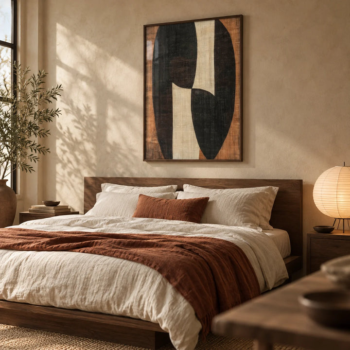 Zen Wall Art, framed on the wall of a calm earthy bedroom with a warm beige limewashed wall