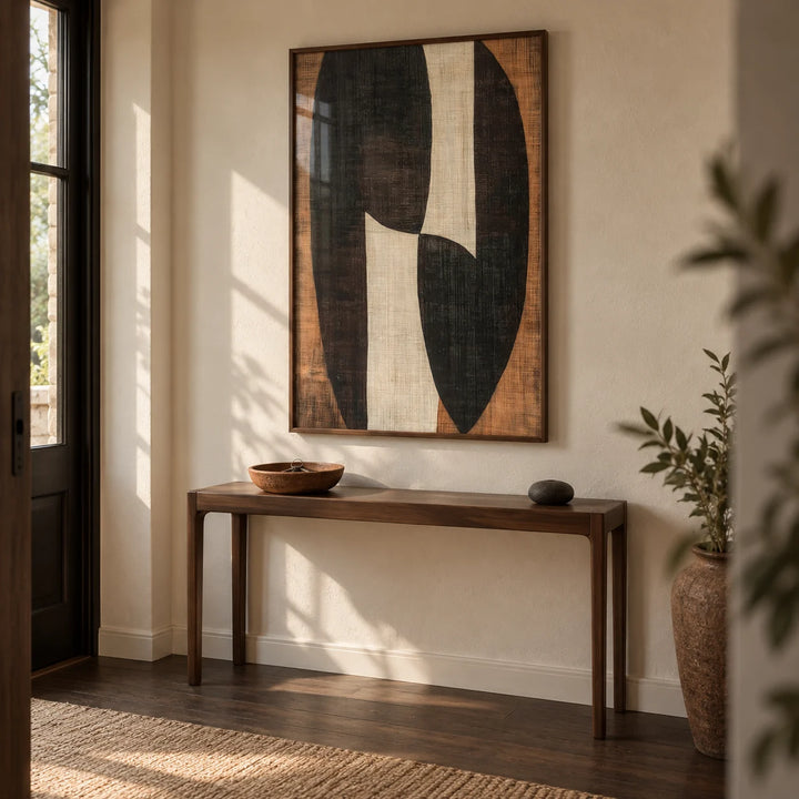 Zen Wall Art, framed on the wall of a calm entrance hall with a cream plaster wall and a dark oak floor