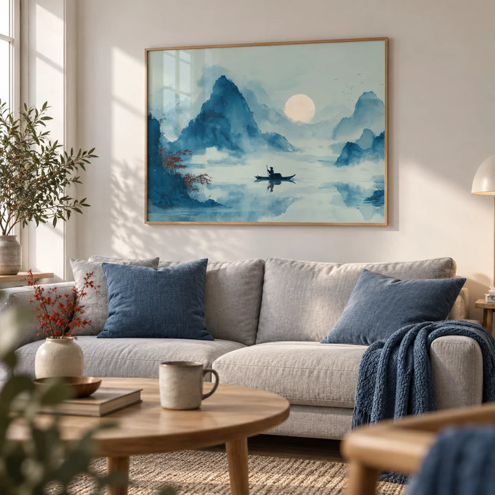 Zen Wall Art Print, framed on the wall of a calm Scandinavian living room